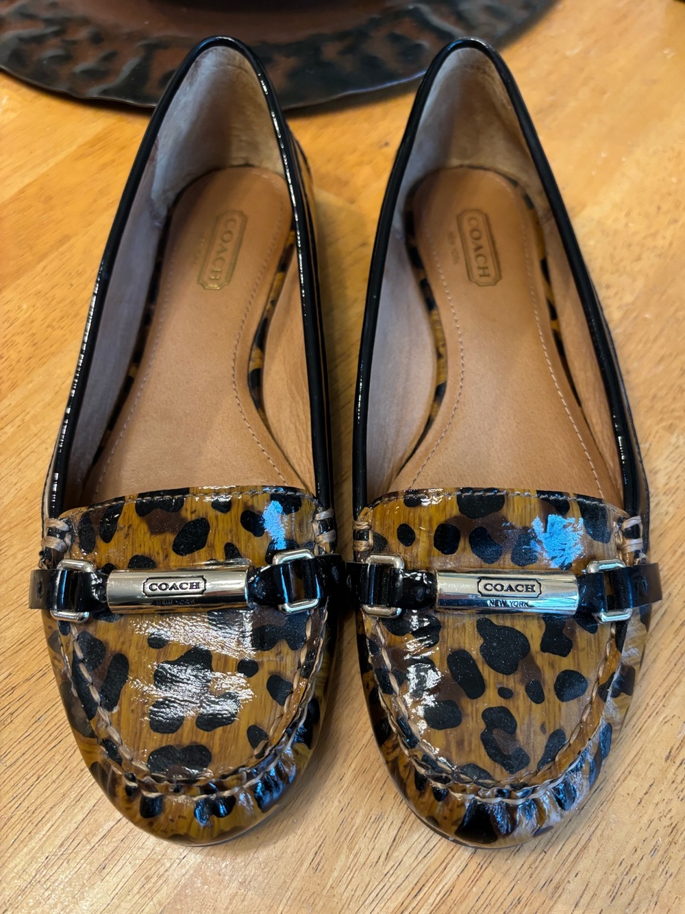 COACH Leopard Print Patent Leather Ballet Flats - Brown/Black Size 7B